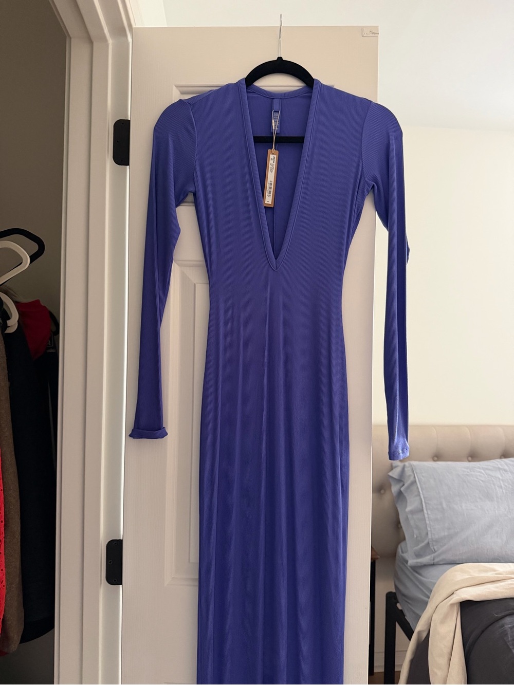 SKIMS Deep V Long Sleeve Maxi Dress in Violet